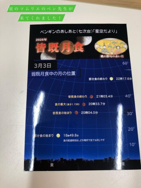 〜星のソムリエの方のお話〜

今日は星の案内人のベン先生が来てくださり、皆既月食についてお話ししてくれました。

なかなか見ることのない月食の写真や宇宙の写真にみんな興味を持ってじっくりとお話を聞いてました。

集中してお話を聞けていてとてもすばらしかったです！

皆既月食は3月3日とのことなのでお時間の合う方はみてみてくださいね！

#ペンギンのあしあと
#星のソムリエ
#星の案内人 ベン先生
#体験